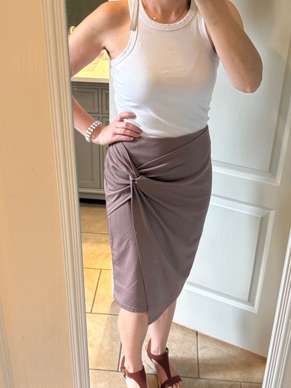 Knot-Detail Midi Pencil Skirt in Taupe